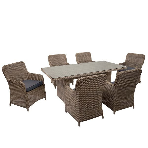 Mendler Poly-Rattan Garnitur HWC-E98, Sitzgruppe Balkon-/Garten-/Lounge-Set, Spun Poly halbrundes Rattan beige Kissen grau, 69083+3x69084