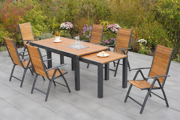 Merxx Santorin Set 7-teilig, 6 Klappsessel, Rückenlehne 5-fach verstellbar, 1 Flex Ausziehtisch 180 (300) x 100 cm, 50668-209