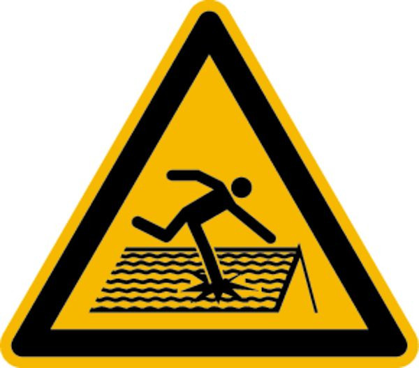 Schilder Klar Warnzeichen Warnung vor nicht durchtrittssicherem Dach DIN EN ISO 7010-W036, 100 mm Folie selbstklebend, 1520/61