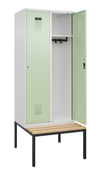C+P Spind Evolo PLUS, 2 Abteile, 2120x800x815mm, 9016/6019, Haken 4, Zylinderschloss, Sitzfläche Buche-Hartholz, Sitzbank, 0490507-22 S10046