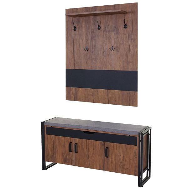 Mendler Garderobe mit Sitzbank HWC-A27, Garderobenpaneel Kommode, 53x110x30cm 3D-Struktur, Wildeiche-Optik, 60158+60159