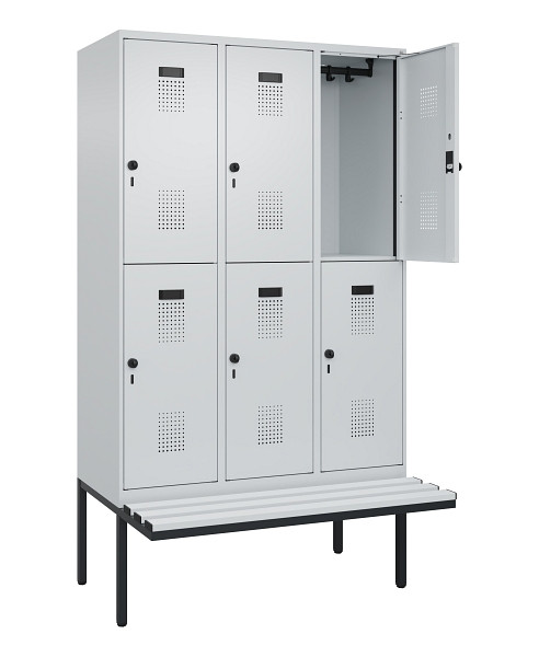 C+P Doppelstock-Spind Evolo PLUS, Bank, 6 Fächer, 2120x1200x815mm, 7035/7035, Drehriegel, Sitzfläche Kunststoff, 0493407-32 S10094