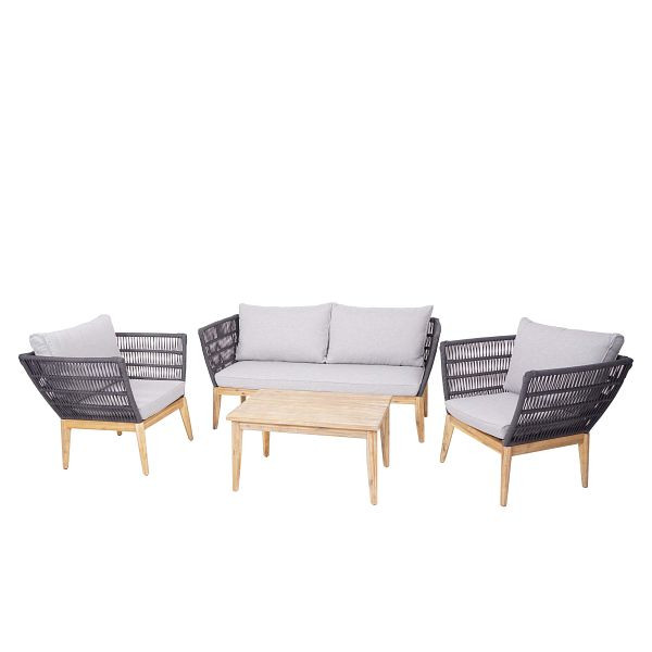 Mendler Gartengarnitur HWC-H55, Lounge-Set Sofa Sitzgruppe, Seilgeflecht Massivholz Akazie Spun Poly FSC, Kissen hellgrau, 73653+73654
