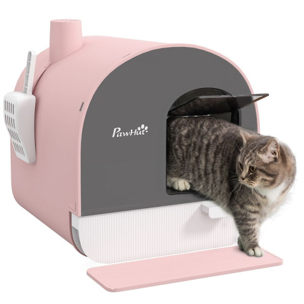 PawHut Katzentoilette mit Deckel, Streuschaufel, Schmutzfangmatte, Kunststoff, Pink/Schwarz, D31-050V00PK