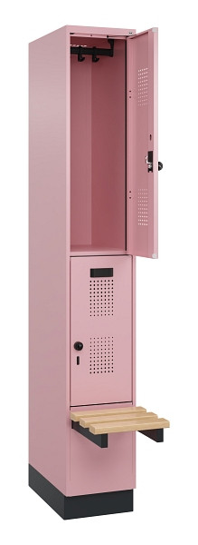 C+P Doppelstock-Spind Evolo PLUS, Bank, 2 Fächer, 1950x300x815mm, 3015/3015, Drehriegel, Sitzfläche Buche-Hartholz, mit Sockel, 049340-10 S10024
