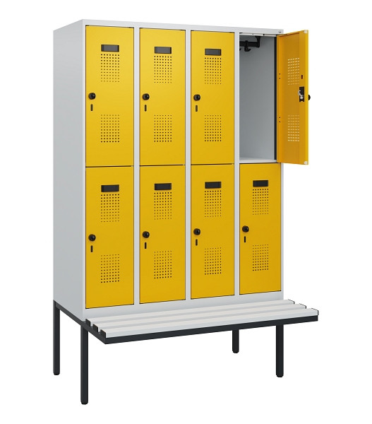 C+P Doppelstock-Spind Evolo PLUS, Bank, 8 Fächer, 1950x1200x815mm, 7035/1004, Drehriegel, Sitzfläche Kunststoff, 0493405-40 S10082