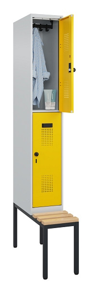 C+P Doppelstock-Spind Evolo PLUS, Bank, 2 Fächer, 2120x300x815mm, 7035/1023, Drehriegel, Sitzfläche Buche-Hartholz, Sitzbank, 0493507-10 S10001