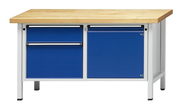 ANKE Werkbänke Kastenwerkbank; 1500x700x890 mm; RAL 7035/5010; Buche-Massiv-Platte 40 mm; Links 2 Schubladen 180, 360 mm; Rechts 1 Tür 540 mm, 302.477