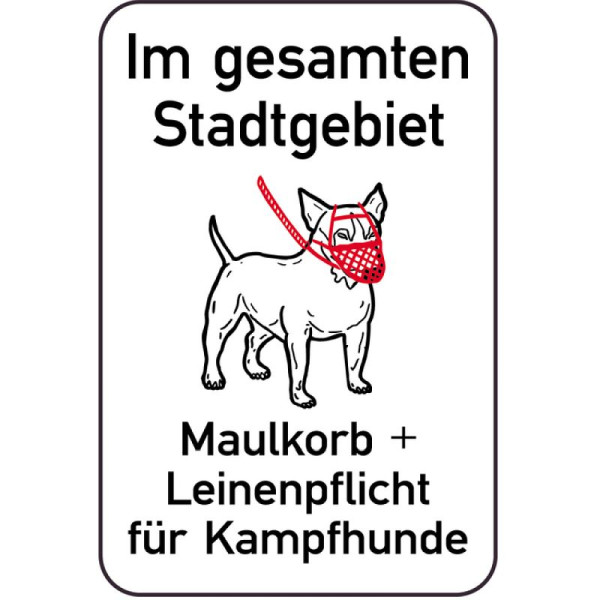 Stein HGS Hundeschild, Im gesamten Stadtgebiet Maulkorb + Leinenpflicht für Kampfhunde, 400 x 600 mm, 14879