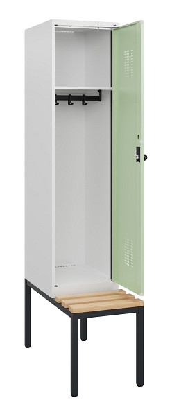 C+P Spind Evolo PLUS, 1 Abteil, 1950x400x815mm, 9016/6019, Drehriegel, Sitzfläche Holz, Sitzbank, 0490505-12 S10021
