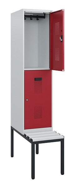 C+P Doppelstöckiger Spind Evolo PLUS, Bank, 2 Fächer, 1950x400x815mm, 7035/3003, Zylinderschloss, Sitzfläche Kunststoff, Sitzbank, 0493505-12 S10139