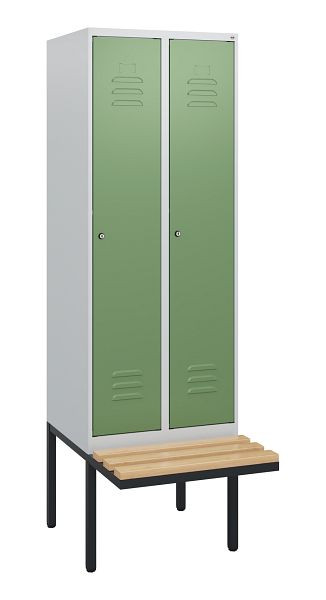 C+P Umkleidespind Classic PLUS, 2 Abteile, 1950x600x815mm, 7035/6011, Zylinderschlösser, Buche-Sitzleisten, 0800405-20 S10021