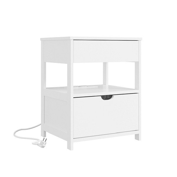 SoBuy Nachttisch Weiß mit 2 Schubladen, Kommode mit USB-Ladestation, Beistelltisch für Schlafzimmer, 45×38×55 cm, Tragkraft 30 kg, FRG258-II-E-W