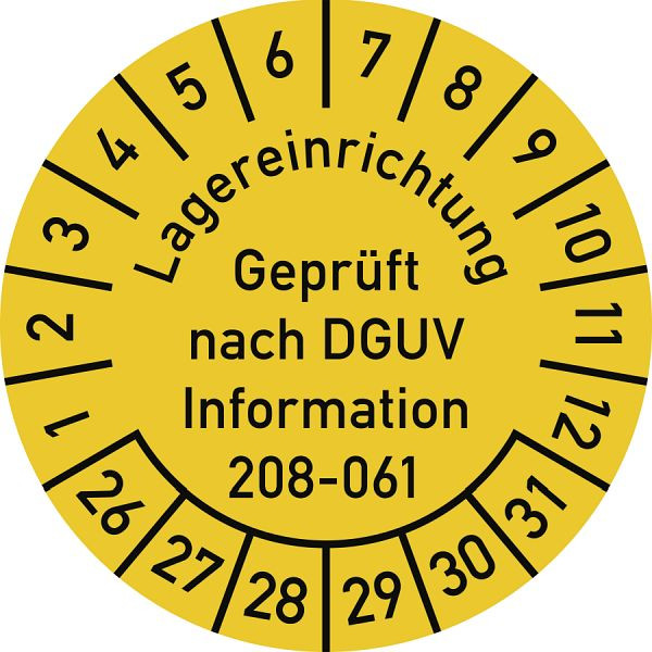 Moedel Prüfplakette Lagereinrichtung DGUV-208-061, 2026-2031, Folie, Ø 30mm, VE: 10 Stück/Bogen, 108004