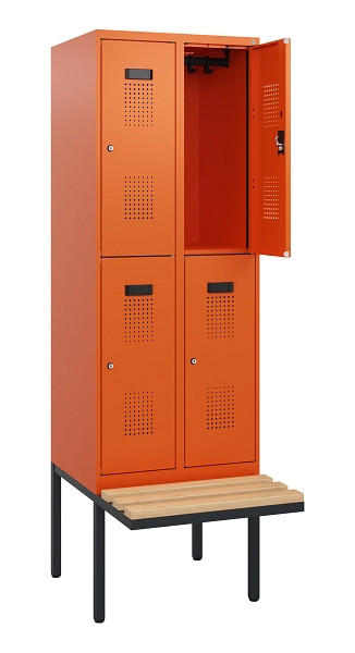C+P Doppelstock-Spind Evolo PLUS, Bank, 4 Fächer, 1950x600x815mm, 2004/2004, Zylinderschloss, Sitzfläche Buche-Hartholz, 0493405-20 S10068