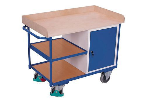 DENIOS classic-line Werkstattwagen mit 3 Ladeflächen, Arbeitsplatte aus Buchensperrholz, 1 Flügeltür, 271541