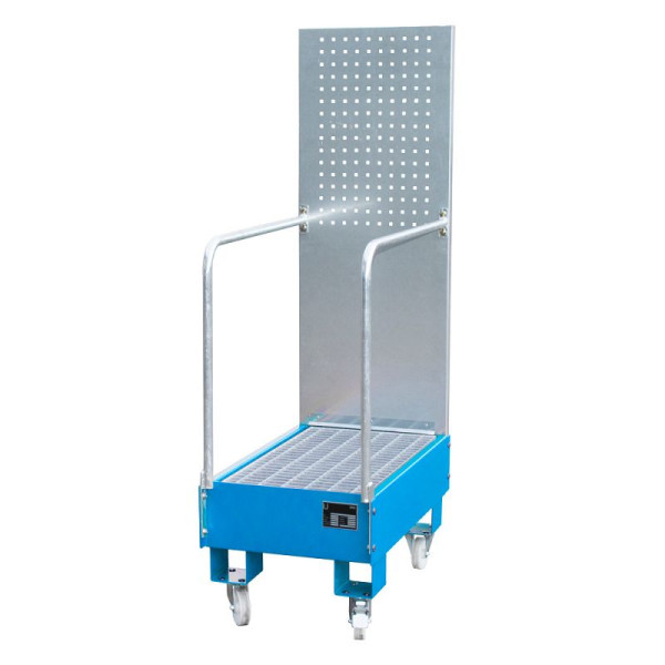 STEIN HGS Fahrbare Auffangwanne mit Lochplattenwand LPW, 60 Liter, RAL 5012 lichtblau, Höhe 1685mm, lackiert, 2x60 Liter Fass, Breite 500mm, 79205.0039