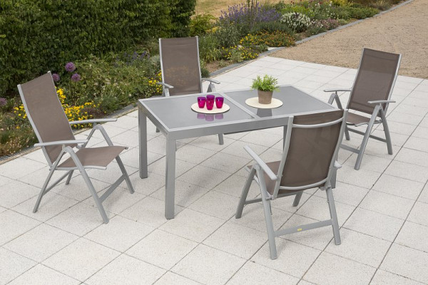 Merxx Carrara Set 5-teilig, 4 Klappsessel, Rückenlehne 5-fach verstellbar, 1 Ausziehtisch 160 (220) x 90 cm, graue Glasplatte, silber/taupe, 50311-325