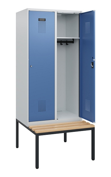 C+P Spind Evolo PLUS, 2 Abteile, 1950x800x815mm, 7035/5023, Zylinderschloss, Sitzfläche Buche-Hartholz, Sitzbank, 0490505-22 S10033
