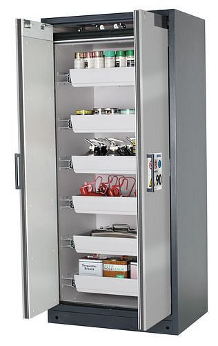 asecos Feuerbeständiger Gefahrstoffschrank Select W-96, 6 Auszugswannen, Türen silber, 201050