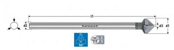 Karnasch Kegelsenker 90°, HSS-XE, extra langer Schaft 3-Flächen-Schaft, DIN 335 d=15,0mm, VE: 2 Stück, 201725050