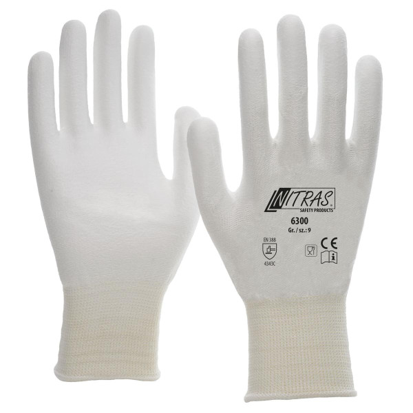 NITRAS Schnittschutzhandschuhe, weiß, PU-Beschichtung, teilbeschichtet auf Innenhand und Fingerkuppen, weiß, Größe: 7, VE: 100 Paar, 6300-7