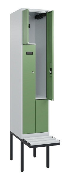 C+P Z-Spind Evolo PLUS, Bank, 2 Fächer, 2120x400x815mm, 7035/6011, Zylinderschloss, Material Sitzfläche Kunststoff, 0490437-122 S10091