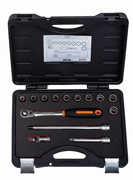 Bahco 1/2" Steckschlüssel-Satz, mit Vierkantantrieb, Zwölfkant, metrisch, Umschaltknarre mit schlankem Kopf im Metallkoffer, 7814DS