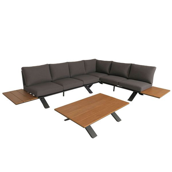Mendler Aluminium Garten-Garnitur HWC-M62, Sitzgruppe Garten-/Lounge-Set Sofa, Holzoptik, Gestell anthrazit, Polster dunkelgrau, 104803+104804
