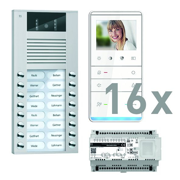 TCS Türkontrollsystem video:pack AP für 16 Wohneinheiten, mit Außenstation AVE 16 Klingeltasten, 16x Video Freisprecher IVW5111, Steuerung, PVE16160-0010