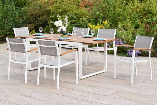 Merxx Naxos Set 7-teilig, 6 Naxos Stapelsessel, Armlehnen aus Akazienholz, 1 Ausziehtisch, 150 (200) x 90 cm, 51005-208