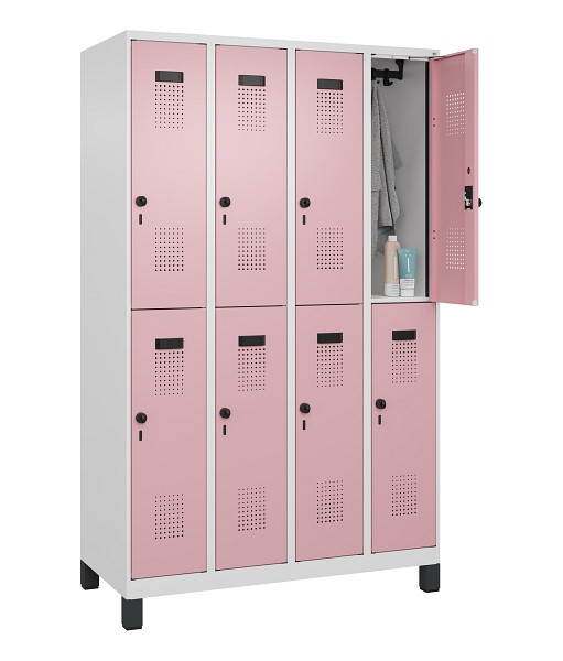 C+P Doppelstöckiger Spind Evolo PLUS, mit Füßen, 8 Fächer, 1950x1200x500mm, 901, Frontfarbe RAL 3015 Hellrosa, Drehriegel, 049310-40 S10018