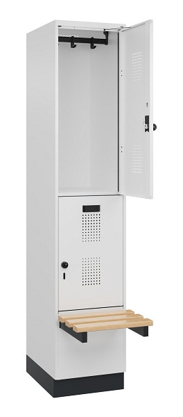 C+P Doppelstock-Spind Evolo PLUS, Bank, 2 Fächer, 1950x400x815mm, 9016/9016, Drehriegel, Sitzfläche Buche-Hartholz, mit Sockel, 049340-12 S10020