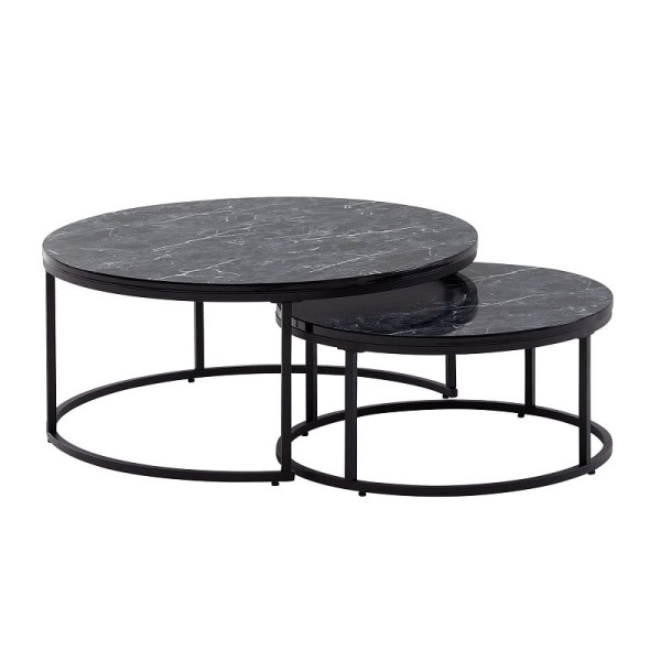 Wohnling Couchtisch 2er Set Schwarz Marmor Optik Sofatisch Rund Modern, Beistelltisch 2-teilig Metall, Runde Wohnzimmertische, Design Satztische, WL6.506