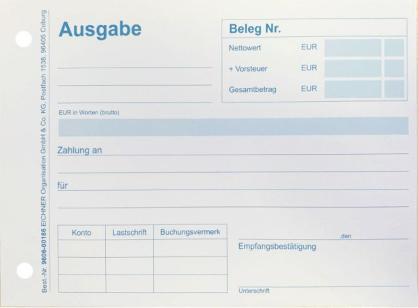 Eichner Quittungsblock "Ausgabe", DIN A6, 2-fach gelocht, 100 Blatt pro Block, Weiß, 9606-00186