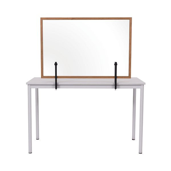 Bi-Office Trennwand, Spritzschutz Glastafel mit Metallklammern zum Befestigen am Tisch, mit 2,2cm breitem Holzrahmen, 120x90cm, GL08016201