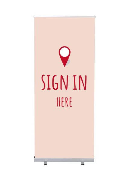 Showdown Displays Roll-Banner Budget 85 Komplettset Hier Anmelden Rot Englisch, RBB085LSFI357