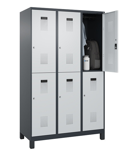 C+P Doppelstöckiger Spind Evolo PLUS, mit Füßen, 6 Fächer, 1950x1200x500mm, 701, Frontfarbe RAL 7035 Lichtgrau, Zylinderschloss, 049310-32 S10044