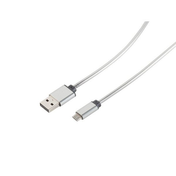 S-Conn USB Lade-Sync Kabel USB A Stecker auf USB micro Stecker, Metallumantelung (Steel) Silber 1m, 14-11001
