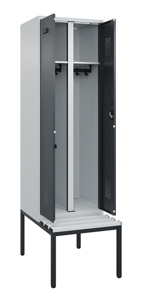 C+P Schwarz-Weiß-Spind Evolo PLUS, Bank, 2 Abteile, 2120x600x815mm, 7035/7016, Zylinderschloss, Sitzfläche Kunststoff, Sitzbank, 0490527-20 S10093