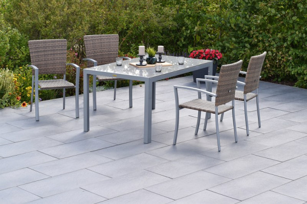 Merxx Savona Set 5-teilig, 4 Stapelsessel, 1 Tisch 150 x 90 cm, moderne Optik, Silber/naturgrau, Aluminiumgestell mit Kunststoffgeflecht, 50887-228