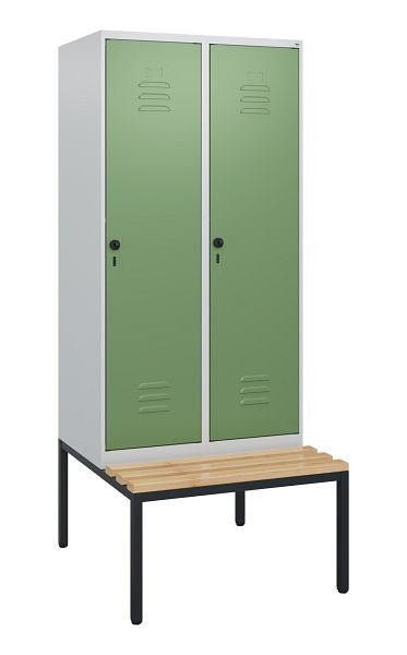 C+P Umkleidespind Classic PLUS, mit untergebauter Sitzbank, 2 Abteile, 1950x800x815mm, 7035/6011, Drehriegel, Buche-Sitzleisten, 0800505-22 S10006