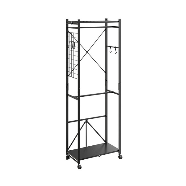 SoBuy Garderobenständer Schwarz mit Rollen, Kleiderständer mit Haken und Ablage, Mobiler Kleiderhalter aus Metall, 60×32×175 cm, Tragkraft 40 kg, KLS21-SCH