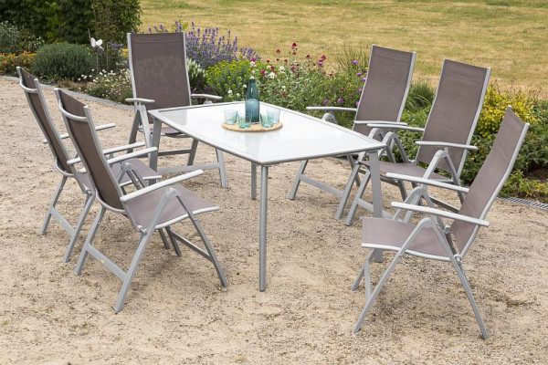 Merxx Carrara Set 7-teilig, 6 Klappsessel, Rückenlehne 5-fach verstellbar, 1 Tisch 150 x 90 cm, matte Glasplatte, silber/taupe, 50320-325