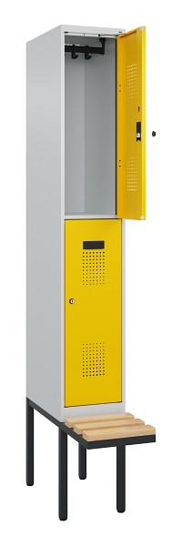 C+P Doppelstock-Spind Evolo PLUS, Bank, 2 Fächer, 2120x300x815mm, 7035/1023, Zylinderschloss, Sitzfläche Buche-Hartholz, 0493407-10 S10028