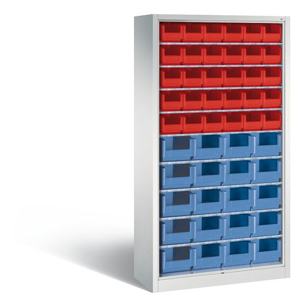 C+P Stahlregal mit Rückwand Serie 13, H1980xB1000xT420 mm, Grau, 9 Einlegeböden, 50 Sichtlagerkästen, 133144-07 S10001