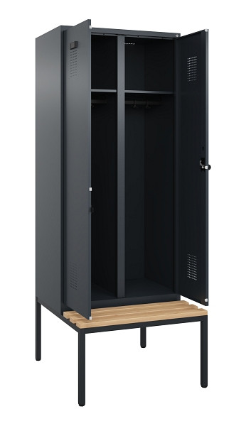 C+P Schwarz-Weiß-Spind Evolo PLUS, Bank, 2 Abteile, 2120x800x815mm, 7016/7016, Drehriegel, Sitzfläche Buche-Hartholz, Sitzbank, 0490527-22 S10016