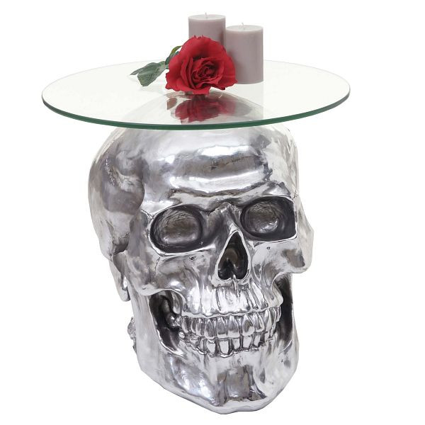 Mendler Beistelltisch Totenkopf HWC-A19, Polyresin Glastisch Wohnzimmertisch, silber 52x55x55cm, 57017