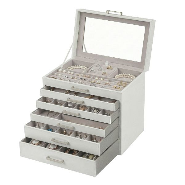SONGMICS Schmuckschatulle, Schmuck-Organizer, großes Schmucketui mit 6 Schichten und 5 Schubladen, weißer, JBC138