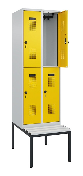 C+P Doppelstock-Spind Evolo PLUS, Bank, 4 Fächer, 2120x600x815mm, 7035/1023, Drehriegel, Sitzfläche Kunststoff, Sitzbank, 0493507-20 S10082
